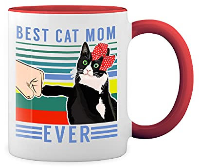 Best Cat Mom Ever Vintage Weiße Tasse Mug mit roten Felgen und Griff