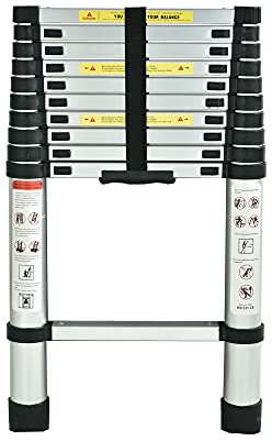 10.5Ft 3.2M Extendable Alminium Ladders Telescopic Loft Ladder Folding Extending Portable 11 Steps Loft Extension Ladder, Great for Cleaning Gutters, Decorating, Painting Walls