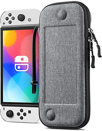 FINTIE Slim Tasche Kompatibel mit Nintendo Switch 2017/Switch OLED Modell 2021 - [Ultradünn] Stoßfeste Hartschalen Tragetasche mit 10 Spielkartenhaltern für Switch Konsole Joy-Con, Grau