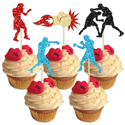 Gyufise 25 Pack Boxing Player Cupcake Toppers Black Red Blue Glitter Boxing Gloves Boxer Cupcake Picks Boxer Gym Theme Baby Shower Birthday Party Cake Decorations Supplies