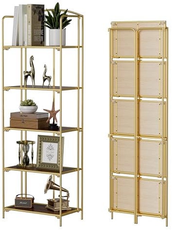 Crofy No Assembly Folding Bookshelf for Living Room, 5 Tier Gold Collapsible Book Shelf for Home Office, Portable Bookcase Storage Organizer