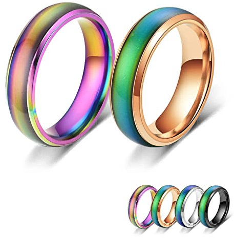 Bymivofun 2 Stück Stimmungsringe, Temperatur Emotion Ring, Edelstahl Farbwechsel Stimmung, für Freund Freundin Tägliche Party Geburtstag Valentinstag Jubiläum (Roségold, Regenbogenfarben, 55.5 (17.8))