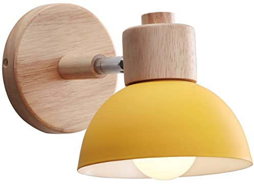 iDEGU Wandleuchte Moderne Innen Wandlampe aus Holz Metall Halbkreis Lampenschirm E27 Verstellbare Wandspot Vintage Lampe für Schlafzimmer Wohnzimmer (1 Stück, Gelb)