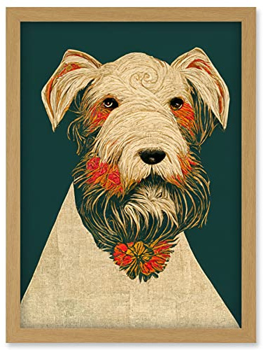 Doppelganger33 LTD Teal Orange Scottie Dog Flowers William Morris Style Dog Artwork Framed Wall Art Print A4