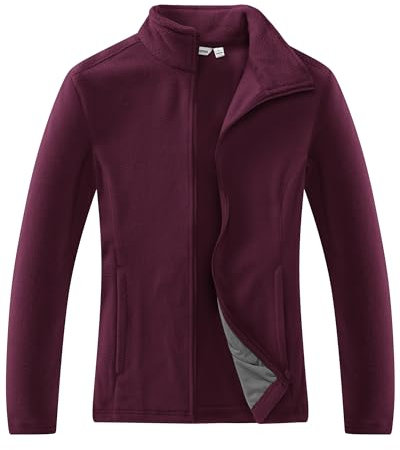 33,000ft Damen Fleecejacke mit Durchgehendem Reißverschluss Stehkragen Damen Leichte Fleece Jacke Outdoor Damenjacke für Wandern und Freizeit,Weinrot L