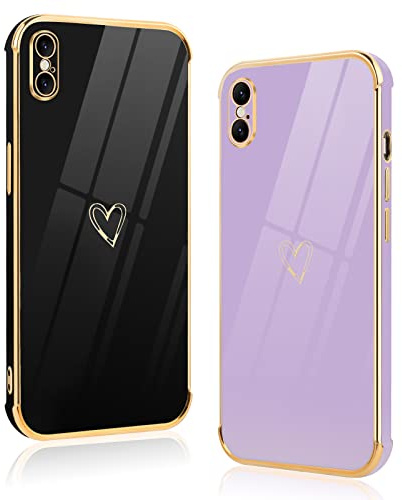 Vauki [2 Pezzi Cover per iPhone XS/X, Custodia con Motivo Cuore, Antiurto Ultra Silicone TPU Morbida Case con Protezione Della Fotocamera per iPhone XS 5.8, Nero e Viola