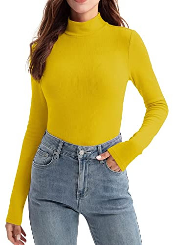 Zengjo Polo Neck Tops for Women UK Long Sleeve(Yellow,M)