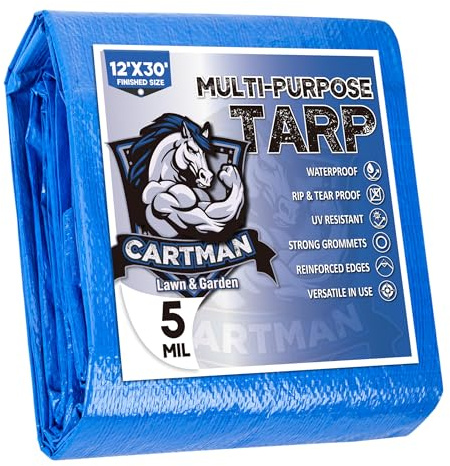 CARTMAN Finished Size 12x30 Feet Blue Poly Tarp 5 Mil Thick, Multipurpose Protective Cover for Camping, Tent, Boat, RV, Car
