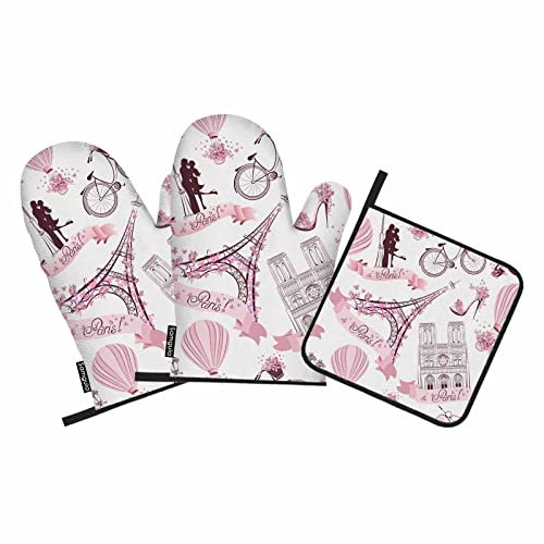 Samgula Pink Paris Ofenhandschuhe und Topflappen-Set, Eiffelturm, romantisches Reisen, hitzebeständig, 3 Stück zum Kochen, Backen, Grillen