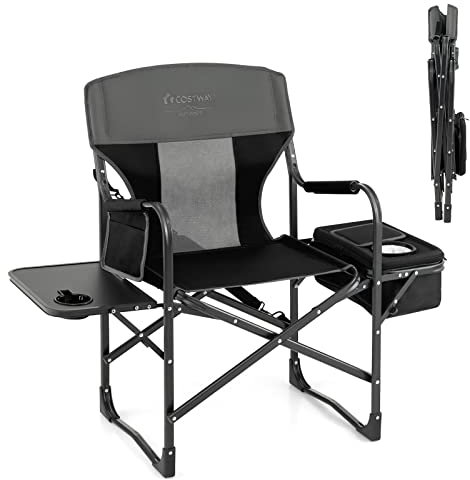 COSTWAY Chaise de Camping Pliante avec Table Latérale et Sac Isotherme Charge 180KG, Chaise de Réalisateur avec Sac de Rangement et Sangle Portable pour Pêche Barbecue Pique-Nique (Noir)