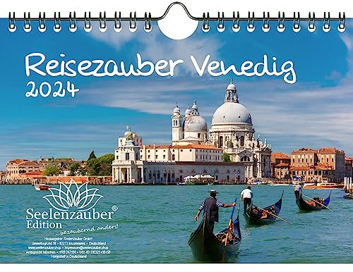 Reisezauber Venedig DIN A5 Wandkalender für 2024 Italien Urlaub Gondel - Geschenkset Inhalt: 1x Kalender, 1x Weihnachts- und 1x Grußkarte (insgesamt 3 Teile)