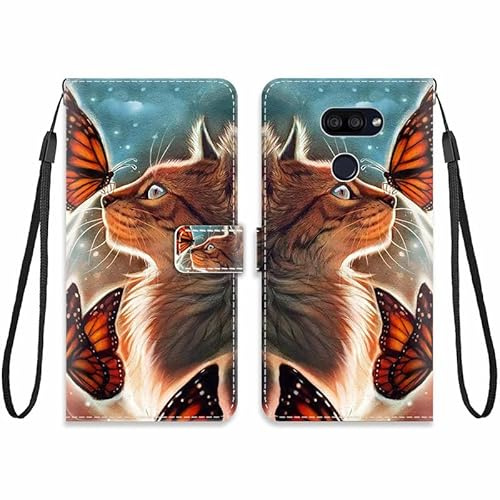 KARTXITAI Hülle Kompatibel mit LG K41S/LG K51S,Leder Handyhülle mit Kartenfach Geld Slot Ständer PU Ledertasche Wallet Flip Magnetische Muster Schutzhülle-Katze,Schmetterling