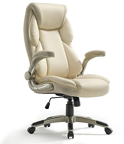EUREKA ERGONOMIC Executive Office Chair, Regenerated Leather Desk Chair with Flip-up Armrest & Lumbar Support, Swivel Computer Chair with Double Padded, High Back Office Chair for Home-White