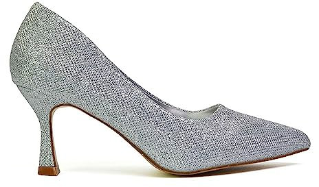 Womens Slip On Low Mid Heel Court Shoes Ladies Glitter Pointed Close Toe Dress Silver Court Shoes Size 4