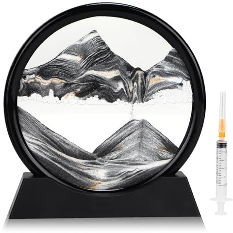 DBREAKS 3D Sandbilder zum Drehen, Dynamisches Sandbild, Fließende Sandmalerei runder Glas Rahmen, Bewegliche Sandkunst Landschaft, Desktop Dekoration für Erwachsene Kinder,Schwarz/7