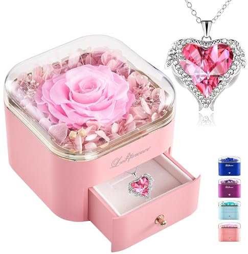 Vera Rosa Eterna con Collana, Donna Regalo Compleanno, Fiore Conservato Rose Stabilizzata Scatola di Gioielli, San Valentino Anniversario Festa della Mamma Regalo per Moglie Madre Fidanzata Nonna