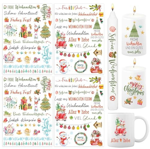 BETESSIN 4x Kerzen Tattoos Folie Weihnachten Kerzentattoo Rub On Sticker Folie Weihnachten Kerzen Sticker Kerzenaufkleber Deutsche Kerzensprüche für Stabkerzen Kleine Kerzen Tasse DIY Geschenk B