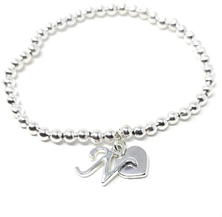 Personalised Women's Girls Heart And Letter Charm Silver Bead Stretch Bracelet