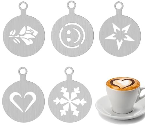 5 Stück Edelstahl Kaffeeschablonen Cappuccino Barista Schablonen Kakao Dekorations Schablone Kaffeezubehör DIY Kunst Vorlagen Kaffee Cappuccino