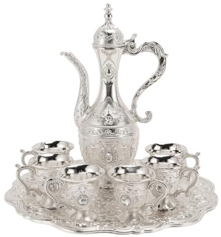 Luqeeg Vintage Turkish Coffee Pot Set, Retro Coffee Tea Serving Set, European Style Alloy Wine Glass Pot Set with 6 Coffee Cups & Craft Tea Tray for Tea Home Party Wedding (Silver White)