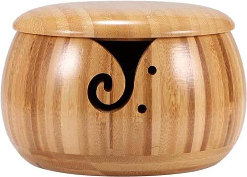 Bamboo Yarn Bowl, Round Shape Yarn Storage Bowl with Removable Lid Handmade Wool Knitting Storage Ball Bowl for Knitting Crocheting, 15.5x9.5CM