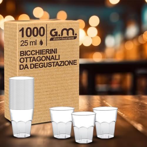 G.M. DISTRIBUZIONE 1000 Bicchieri da Liquore, Shot in Plastica Rigida, Bicchierini Ottagonali da 25cc, Resistenti e Riutilizzabili. Bicchieri da Shottino Perfetti per le Feste