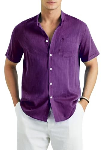 Enlision Collarless Shirts for Men Purple Grandad Linen Shirts for Men Short Sleeve Summer Casual Henley Top Button Down Banded Collar for Beach Wedding M