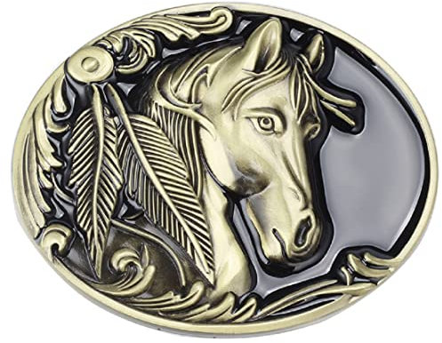 Longcreek Pferde Gürtelschnalle für Herren, Nordische Wikinger-Pferdekopf-ovale Gürtelschnalle, Punk Pferd Gravierte Feder Blatt Gürtelschnalle, Punk Rock Western-Cowboy-Gürtelschnalle (Bronze)