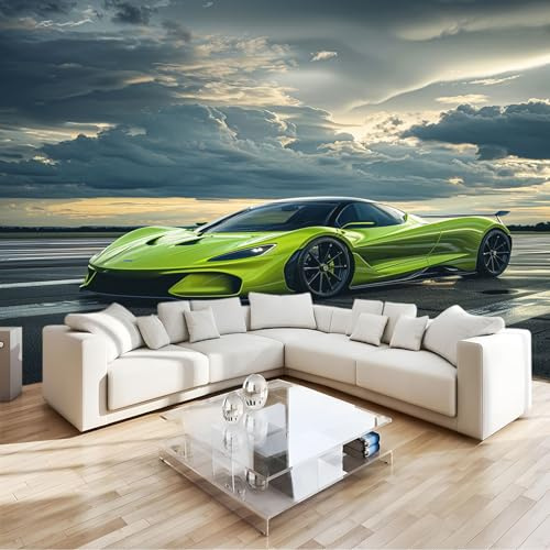Grün 3D Fototapete Vlies Auto Grüner Sportwagen Moderne Wanddekoration 3D Effekt, Für Schlafzimmer Wohnzimmer Büro & Flur, Premium Kunstdruck Wandtapete Tv-Hintergrund B200 X H140 Cm