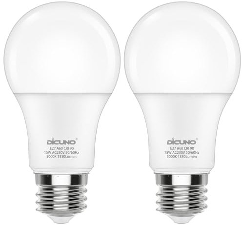 DiCUNO E27 Screw LED Bulb 15W, Daylight White 5000K, 100 Watts Halogen Equivalent, Large Screw in Light Bulb, 1350LM, Non-Dimmable, ES High CRI 90 Lightbulbs for Lamp, 2 Pcs