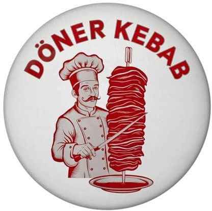 Döner Kebab Logo Magnet rund mit Koch im Schnurrbart-Look Retro Design in Rot und Weiß Fleischspieß und Kochmütze