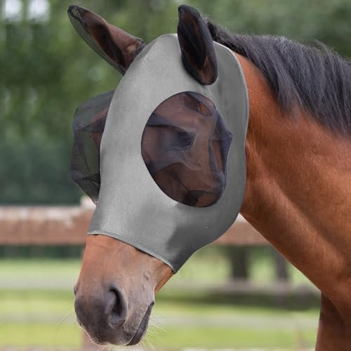 Adiwo Máscara Antimoscas para Caballos, 1PCS Máscara de Mosca de Caballo con Orejeras,Gris Máscaras Faciales para Caballos Anti-UV, Malla Transpirable, máscara de Freno elástica.