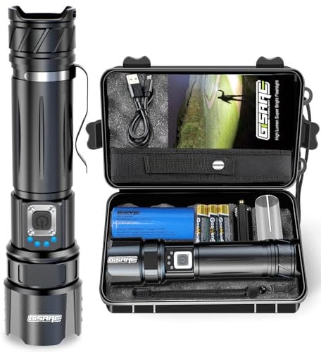 Gisaae Led Torch, Torches Led Super Bright 20000 Lumens, Type-C Rechargeable Torch, Flashlight with 5 Modes, Small, Powerful Torch Set, AAA Battery and Holster Low Level (Black)