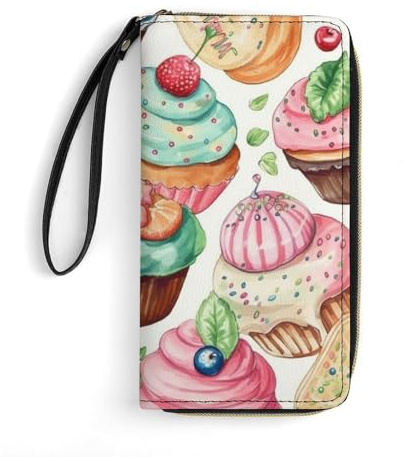 JTREHY Damen-Geldbörse, Cupcakes, Donuts, Muffins, Zucker, bedruckt, PU, großes Fassungsvermögen, mit Handgelenkschlaufe und Reißverschluss, Cupcakes, Donuts, Muffins, Zucker, 19,7 x 10,5 cm, Cupcakes