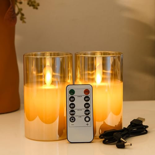 FiiMoo Wiederaufladbare LED Kerzen, 2 Stück, USB Aufladbar Mit Kabel, Gold Glas Flammenlos, Batteriekerzen Mit Timer, Flackernde Flamme - 10cm