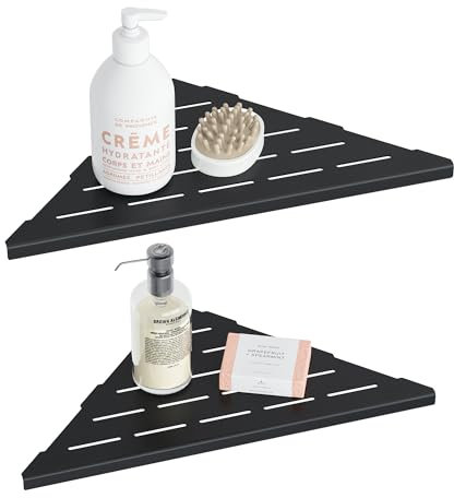 Qeke 90° Tile Corner Shelf, triangular Shower Shelf NO Drill required, Bathroom Organiser on Tile Wall, Corner Shower Caddy of 304 Stainless Steel, 2 Pcs, 25 CM, Black