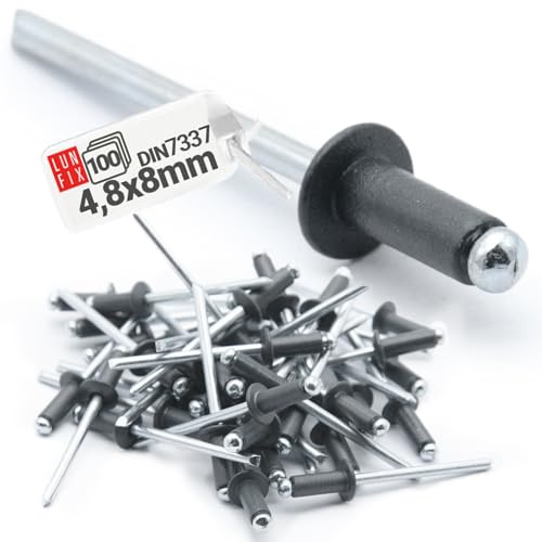 LUN FIX Blindnieten 4,8x8 mm 100 Stk DIN 7337 4,8mm Kuppelkopf Aluminium | Stahl, Popnieten mit Dorn, offenes Ende, Nieten Set, Nietenzange, Hohlnieten Alternative, Vernietung Metall