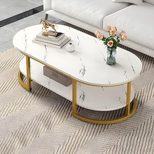DONGGANSHI Glamouröser Couchtisch, ovale Form, einzelner Kaffee-/Cocktailtisch, Sofa-Beistelltisch, Kleiner Couchtisch, Beistelltisch, Kleiner Tisch, Ecktisch, weiß, inklusive Regal, 119,4 cm