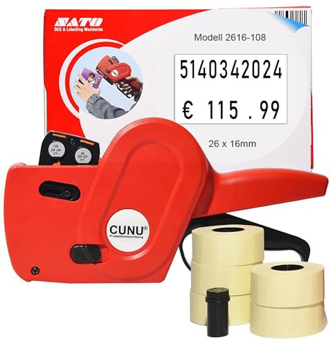 CUNU - Mehrzweck Preisauszeichner 2-zeilig mit Datum, Preis, Nummern, Grundpreisangaben, Gewichtsangaben, Preisreduzierungen - Handauszeichner zweizeilig - Etikettierer für 26x16mm & 25x16mm Etiketten