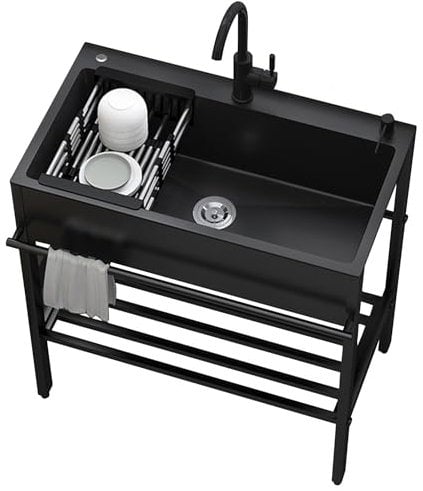 Fregadero Exterior Jardin,Fregadero Cocina Negro 1 Seno 60x45cm,Mueble pila Lavadero de Acero Inoxidable,Fregaderos Industrial con Escurridor,Grifo,para Restaurante Garaje Comercial Lavandería Baño