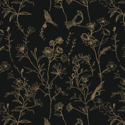 Fiula Selbstklebende Tapete Klebefolie Möbel Vögel 41CM×10M Möbelfolie Selbstklebend Blumentapete Schwarz und Gold Blätter Linien Vintage Dekorfolie Vinyl Wohnzimmer Wasserdicht Wallpaper