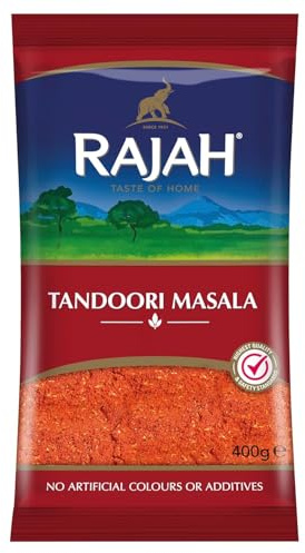 Rajah Tandoori Masala 400 g – Mezcla de especias clásica para platos, aromáticos, indios, vegetarianos, picantes | marinar carne y aves de corral con pegatinas Kajal