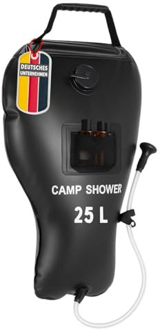 Campingdusche Schwarz, Hängedusche 25 Liter, tragbare Dusche, Gartendusche mit Thermostat & Tragegriff, Solardusche für Camping, Wandern, Klettern, Camping-Grundausstattung, Campingausrüstung