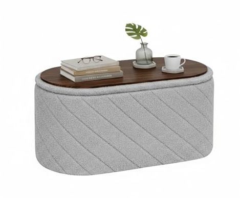 Bonlife Oval Ottoman Storage Bench, Folding Foot Rest with Lid, Boucle End of Bed Bench,Foostool for Living Room,Bedroom,Entryway,Grey,76x38x38cm