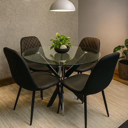 Round Glass Dining Table with 4 black leather paded Chairs Dining Table Set