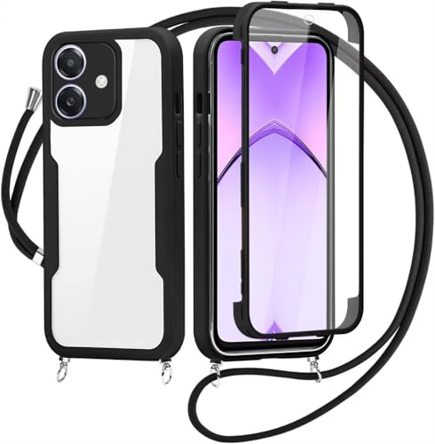 FERLAN Handykette für Oppo A3X/A3X 4G/Oppo A3/A40/A40M Hülle mit Band,Transparent 360 Grad Rundumschutz Schutzhülle mit Integriertem Displayschutz Stoßfest Ultradünn Silikon Handyhülle,Schwarz