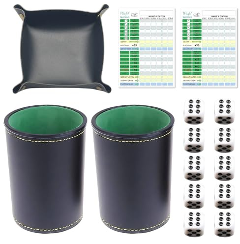 HOVCEH Würfelbecher Set, Knobelbecher, 2 Stück Kniffelbecher, Würfelbecher Leder, Kniffel Spiel mit 10 Würfeln, 1 Würfelbretter, 100 Spielpapier, Schocken Set für Familie und Freunde