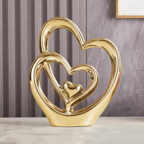 ODMYZG Double Heart Ornament,Double Heart Ceramic Statue,Home Decoration sculpture,Creative Home Modern Gift Office Living Room Decoration Collection Souvenir,Gift. (Gold A)