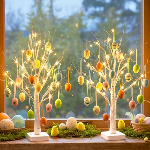 DELICHTER 2er Set Beleuchtet Osterdeko Innen mit 24 Warmweißen LEDs Batteriebetrieben Lichterbaum mit 36 Ostereiern Ostern Deko Geschenke mit Timer-Funktion für Weihnachten Wohnzimmer Tisch 55 cm