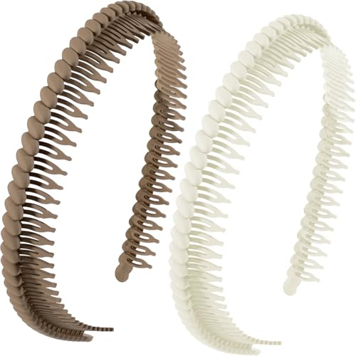 Alpinleux 2 Pcs Headband with Teeth, Comfortable Headbands for Women with Teeth, Fashion Comb Headband, Plastic Head Bands for Women's Hair Non Slip (4.3''×0.7'', White, Khaki)
